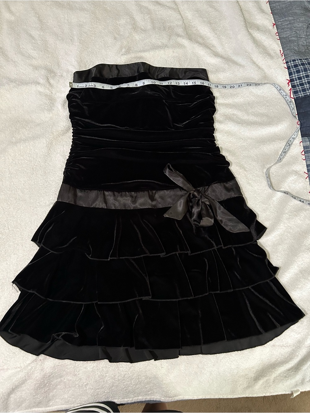Y2k Torrid Black Strapless Velvet Ruffle Dress with Satin Waist Bow